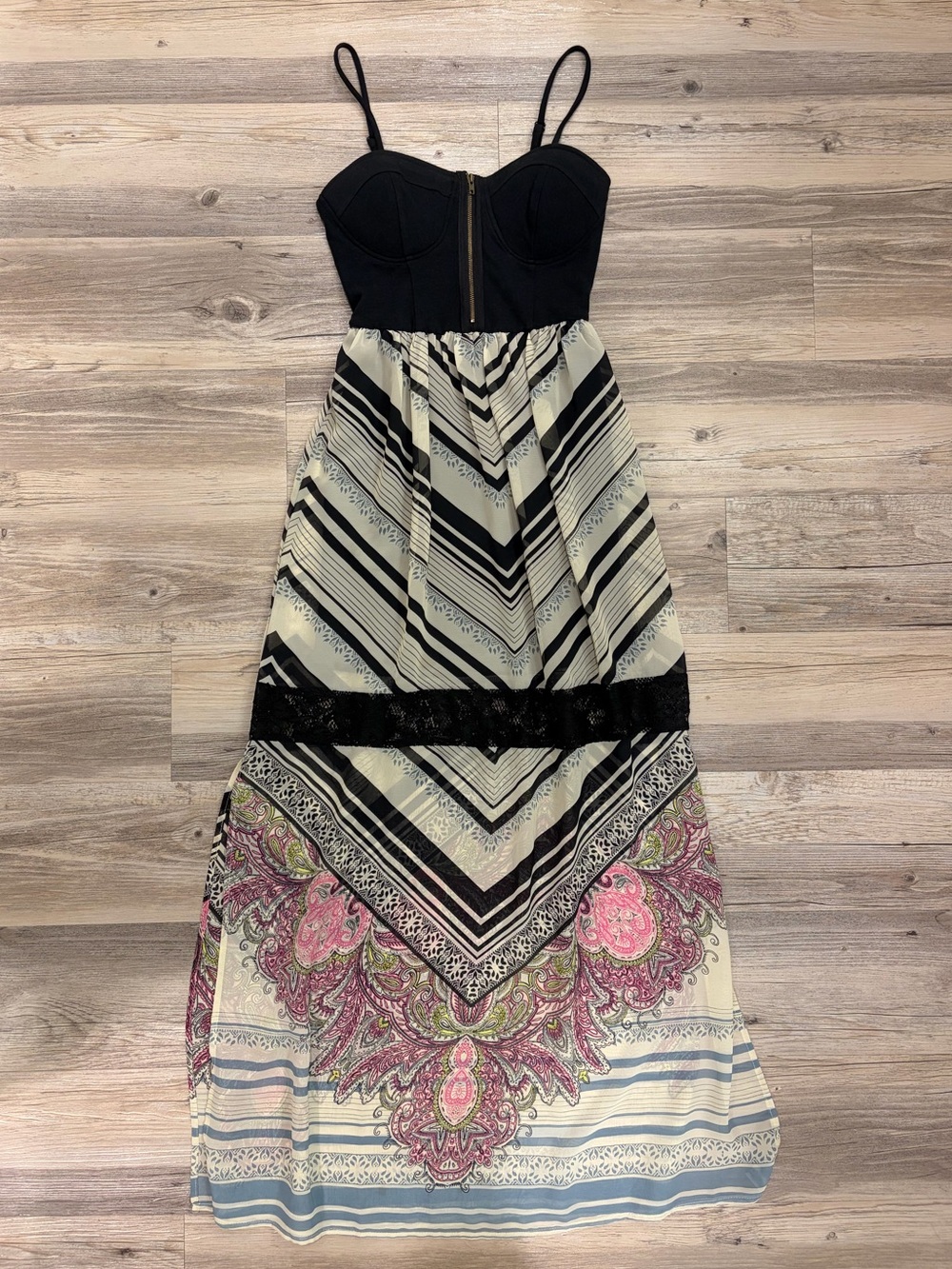 Women's Black Bustier Maxi Dress with sheer floral skirt